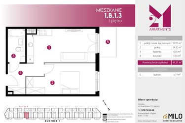 Rzut - Mieszkanie na sprzedaż 2 pokoje o powierzchni 41,27 m² - numer 1.B.1.3 w Maślice Wrocław Milo Dobry Deweloper etap IV