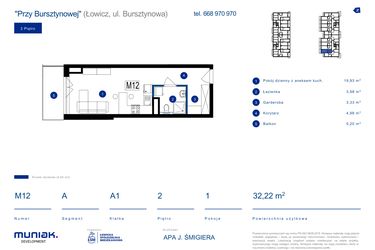 Rzut - Mieszkanie na sprzedaż 1 pokój o powierzchni 32,22 m² - numer 12A w Przy Bursztynowej