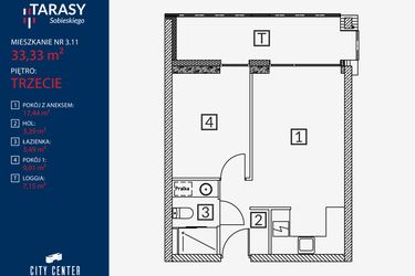 Rzut - Mieszkanie na sprzedaż 2 pokoje o powierzchni 33,33 m² - numer B2.M.3.11 w Tarasy Sobieskiego