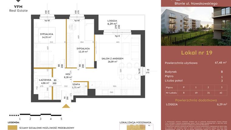 Rzut - Mieszkanie na sprzedaż 3 pokoje o powierzchni 67,48 m² - numer 19 w Stacja Błonie etap II