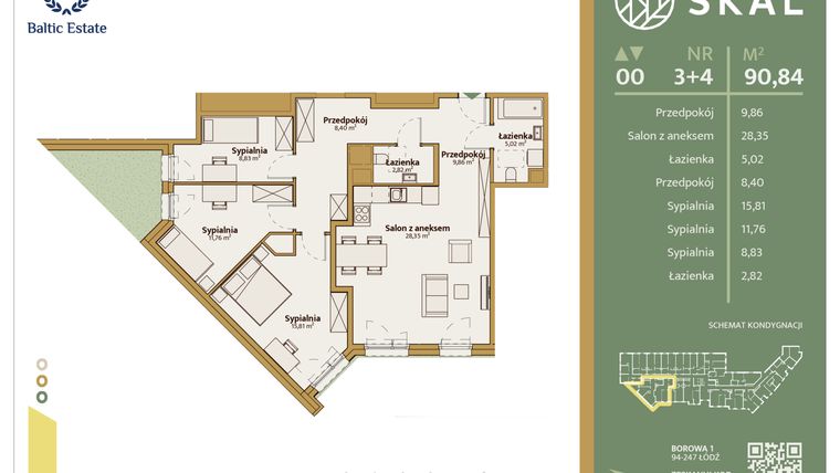 Rzut - Mieszkanie na sprzedaż 1 pokój o powierzchni 90,84 m² - numer M.3+4 w Skal