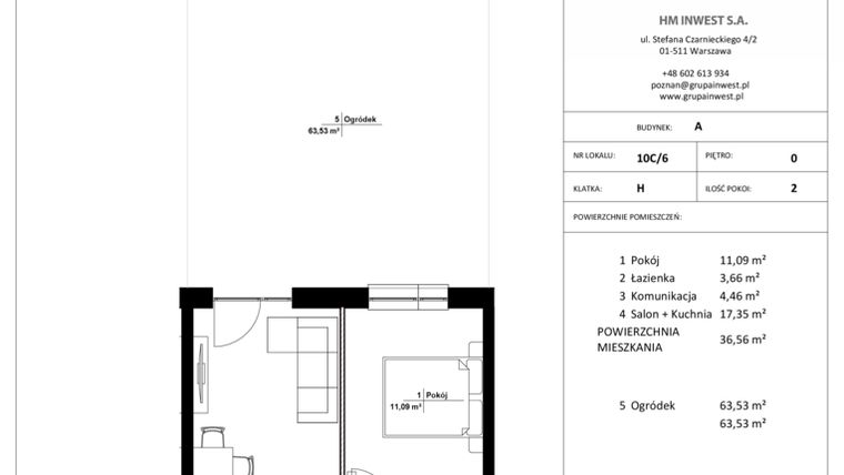 Rzut - Mieszkanie na sprzedaż 2 pokoje o powierzchni 36,56 m² - numer 10C/6 w Jasielska 8C etap II