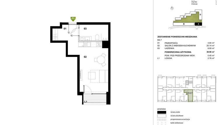 Rzut - Mieszkanie na sprzedaż 1 pokój o powierzchni 31,44 m² - numer A.4.7 w Kozielska Park