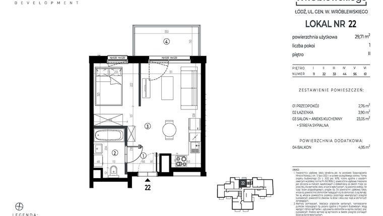 Rzut - Mieszkanie na sprzedaż 1 pokój o powierzchni 29,71 m² - numer A22 w Wróblewskiego