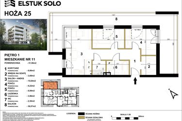 Rzut - Mieszkanie na sprzedaż 3 pokoje o powierzchni 51,56 m² - numer 11 w Hoża 25