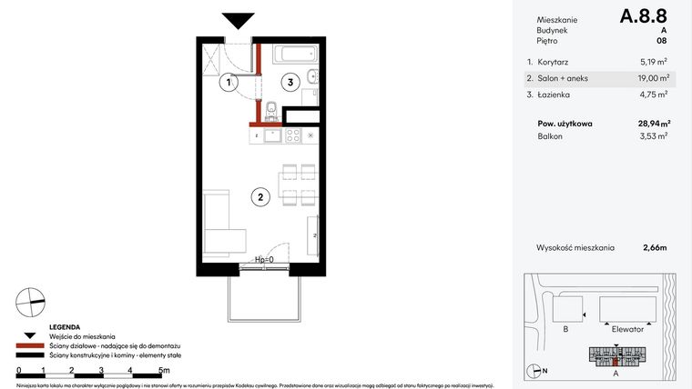Rzut - Mieszkanie na sprzedaż 1 pokój o powierzchni 28,94 m² - numer A.8.8 w Elewator - Mieszkania i Lofty