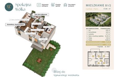 Rzut - Mieszkanie na sprzedaż 3 pokoje o powierzchni 57,66 m² - numer B1/2 w Spokojna Wólka etap IV