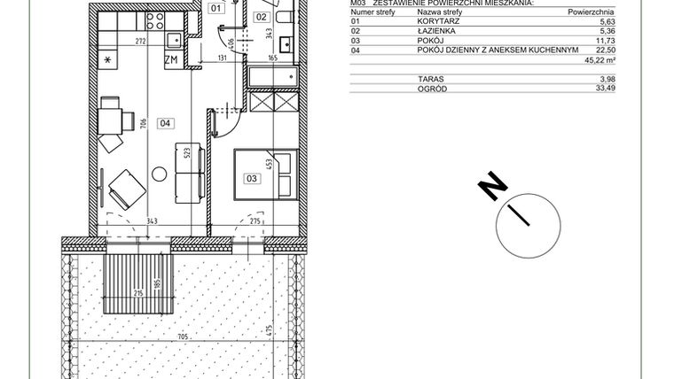 Rzut - Mieszkanie na sprzedaż 2 pokoje o powierzchni 45,22 m² - numer J.M03 w Osiedle Glivia Zachodnia