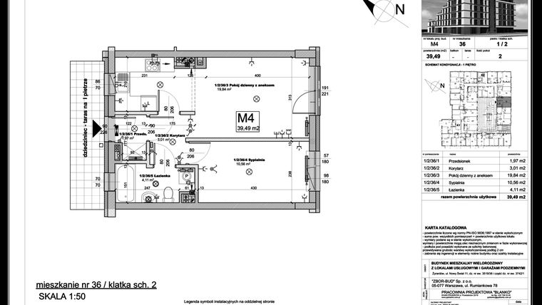 Rzut - Mieszkanie na sprzedaż 2 pokoje o powierzchni 39,49 m² - numer 36 w Nowy Świat 11
