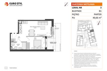 Rzut - Mieszkanie na sprzedaż 2 pokoje o powierzchni 40,66 m² - numer B1.3 w Zajezdnia Motława