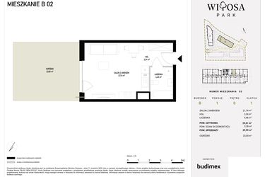 Rzut - Mieszkanie na sprzedaż 1 pokój o powierzchni 29,99 m² - numer B1.2 w Witosa Park
