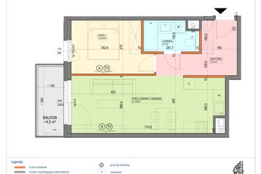 Rzut - Mieszkanie na sprzedaż 2 pokoje o powierzchni 43,56 m² - numer B1.3.20.2a w Junique I.II