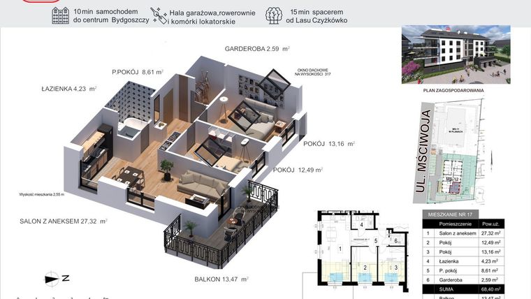 Rzut - Mieszkanie na sprzedaż 3 pokoje o powierzchni 68,4 m² - numer 17 w Mściwoja MS-12