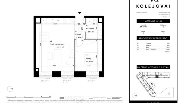 Rzut - Mieszkanie na sprzedaż 2 pokoje o powierzchni 44,3 m² - numer A-01-08 w Kolejova 1