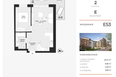 Rzut - Mieszkanie na sprzedaż 2 pokoje o powierzchni 41,17 m² - numer E53 w Na Koszutce II