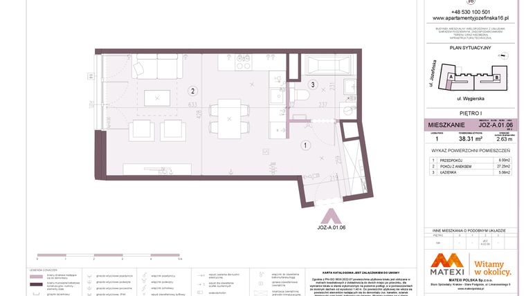 Rzut - Mieszkanie na sprzedaż 1 pokój o powierzchni 38,31 m² - numer A.01.06 w Apartamenty Józefińska