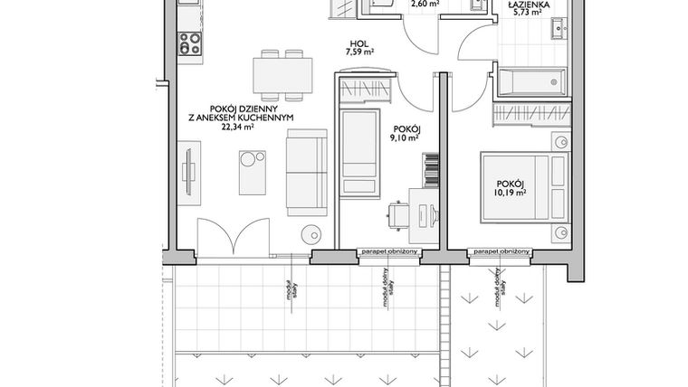 Rzut - Mieszkanie na sprzedaż 2 pokoje o powierzchni 38,7 m² - numer WO/P31/1 w Wiszące Ogrody