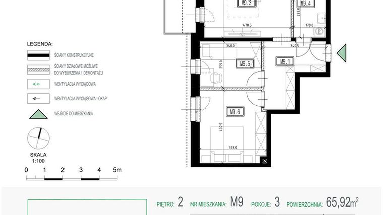 Rzut - Mieszkanie na sprzedaż 3 pokoje o powierzchni 65,92 m² - numer 9 w Kolarska Koncept