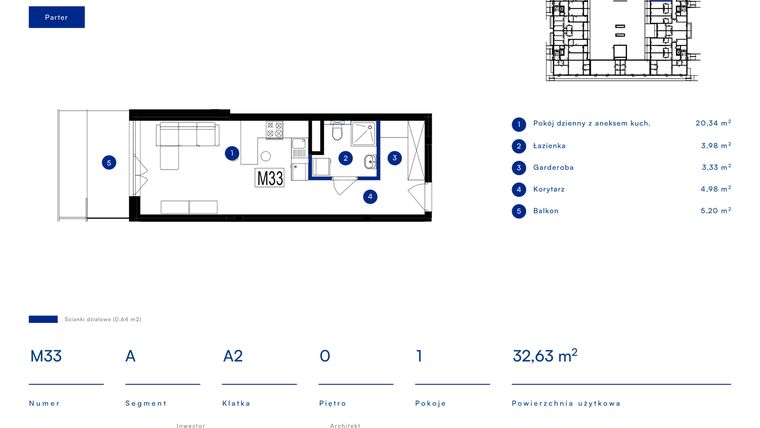 Rzut - Mieszkanie na sprzedaż 1 pokój o powierzchni 32,63 m² - numer 33A w Przy Bursztynowej