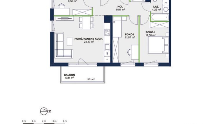 Rzut - Mieszkanie na sprzedaż 4 pokoje o powierzchni 72,02 m² - numer 76 w Wolne Miasto etap VII