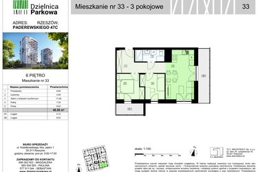 Rzut - Mieszkanie na sprzedaż 3 pokoje o powierzchni 48,59 m² - numer 33/B8 w Dzielnica Parkowa VIII