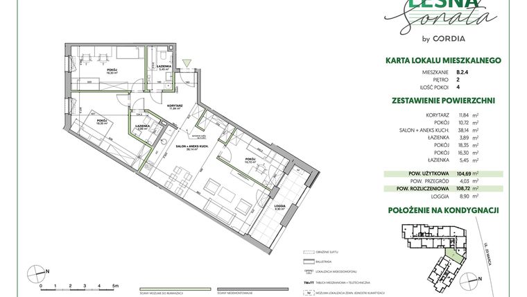 Rzut - Mieszkanie na sprzedaż 4 pokoje o powierzchni 108,72 m² - numer B.2.4 w Leśna Sonata