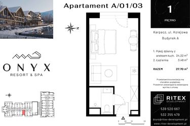 Rzut - Mieszkanie na sprzedaż 1 pokój o powierzchni 27,7 m² - numer 01.A3 w Onyx Resort & Spa