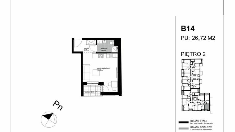Rzut - Mieszkanie na sprzedaż 1 pokój o powierzchni 26,72 m² - numer B14 w Apartamenty Kopernika - etap II