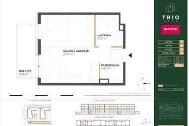 Rzut - Mieszkanie na sprzedaż 1 pokój o powierzchni 33,27 m² - numer C013 w Trio Park bud. C