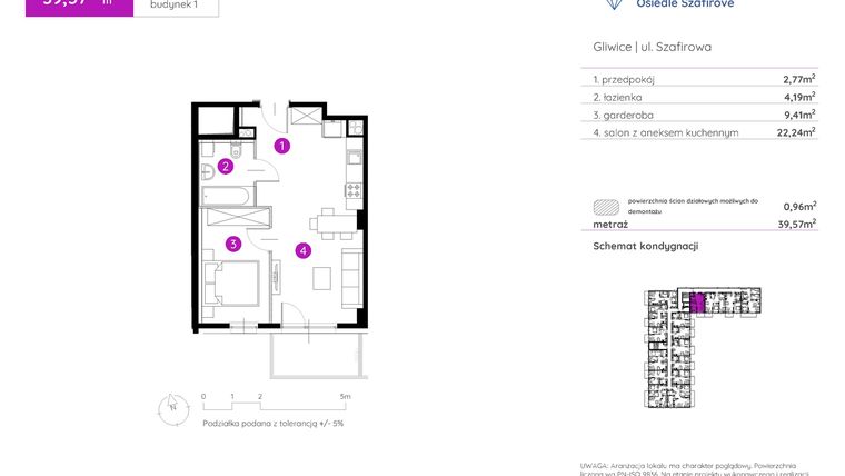 Rzut - Mieszkanie na sprzedaż 1 pokój o powierzchni 39,45 m² - numer 1.A.4.16 w Murapol Osiedle Szafirove II