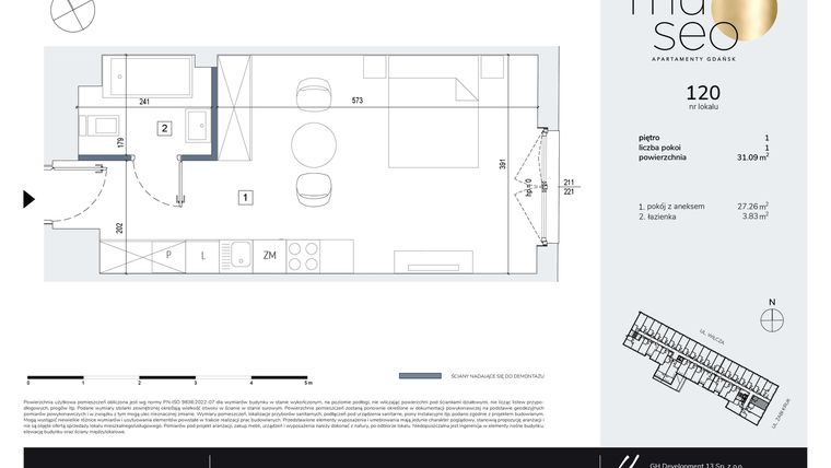 Rzut - Mieszkanie na sprzedaż 1 pokój o powierzchni 31,09 m² - numer 120 w Museo