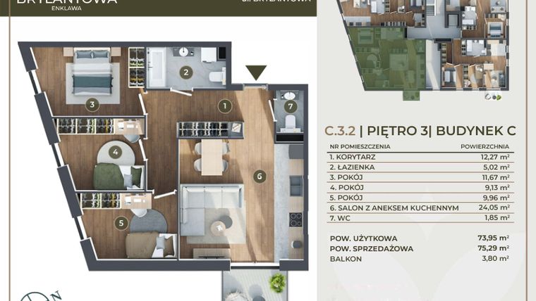 Rzut - Mieszkanie na sprzedaż 4 pokoje o powierzchni 73,95 m² - numer C.3.2 w Brylantowa Enklawa bud. C