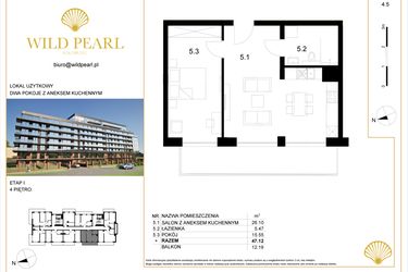 Rzut - Mieszkanie na sprzedaż 2 pokoje o powierzchni 47,12 m² - numer 4.5 w Wild Pearl - apartamenty inwestycyjne
