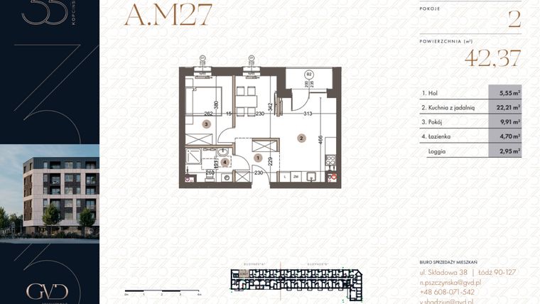Rzut - Mieszkanie na sprzedaż 2 pokoje o powierzchni 42,37 m² - numer A.M27 w Kopcińskiego 33