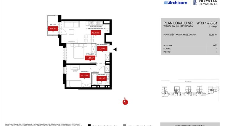 Rzut - Mieszkanie na sprzedaż 3 pokoje o powierzchni 52,83 m² - numer WR3 1/7/3/3a w Przystań Reymonta etap II