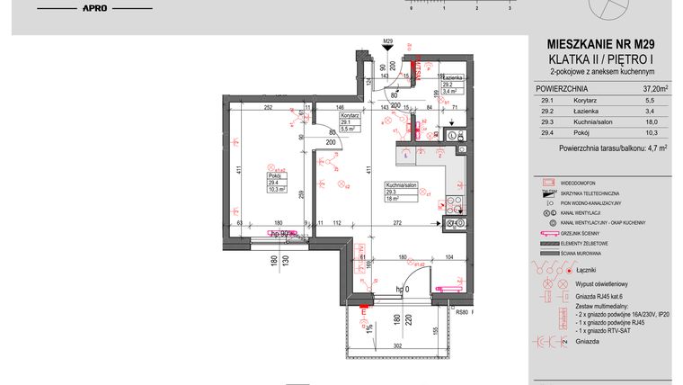 Rzut - Mieszkanie na sprzedaż 2 pokoje o powierzchni 37,2 m² - numer M29 w Antczaka 46