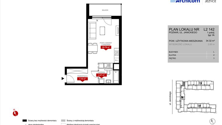 Rzut - Mieszkanie na sprzedaż 1 pokój o powierzchni 34,32 m² - numer L2.142 w Wieża Jeżyce etap VI