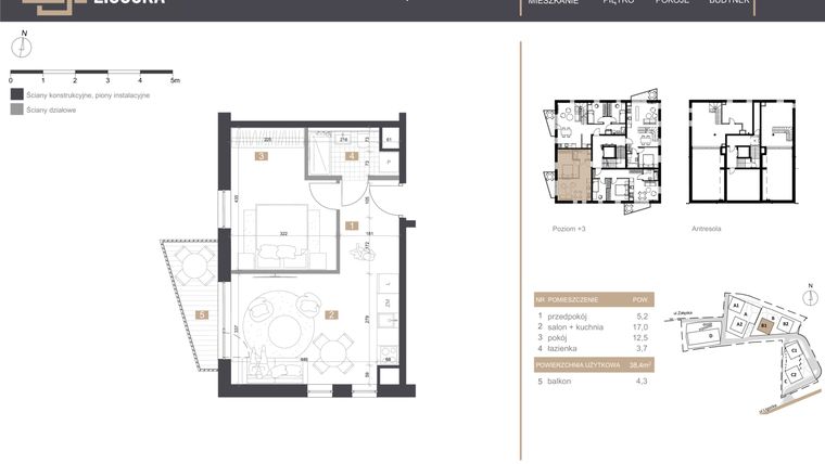 Rzut - Mieszkanie na sprzedaż 2 pokoje o powierzchni 38,4 m² - numer B1_M12 w Stacja Ligocka