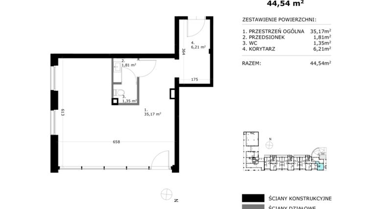 Rzut - Lokal użytkowy na sprzedaż 1 pokój o powierzchni 44 m² - numer U2 w Wólczańska 188