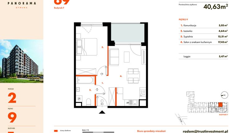 Rzut - Mieszkanie na sprzedaż 2 pokoje o powierzchni 40,63 m² - numer F69 w Panorama Struga
