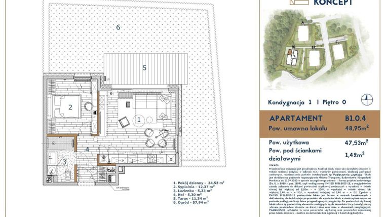 Rzut - Mieszkanie na sprzedaż 2 pokoje o powierzchni 48,95 m² - numer B1.0.4 w Oliva Koncept II