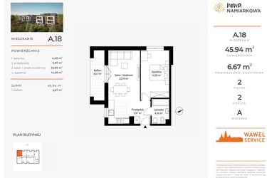 Rzut - Mieszkanie na sprzedaż 2 pokoje o powierzchni 45,94 m² - numer A.18 w Nowa Namiarkowa