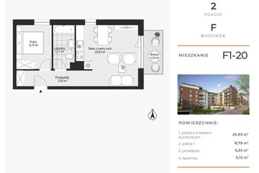 Rzut - Mieszkanie na sprzedaż 2 pokoje o powierzchni 40,19 m² - numer F1-20 w Na Koszutce II