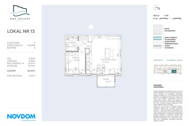 Rzut - Mieszkanie na sprzedaż 2 pokoje o powierzchni 48,02 m² - numer A.13 w Dwa Jeziora