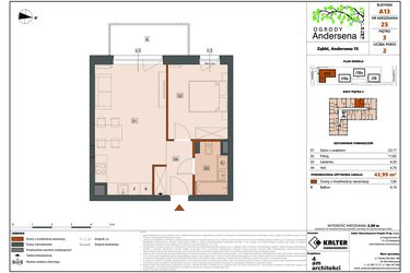 Rzut - Mieszkanie na sprzedaż 2 pokoje o powierzchni 43,99 m² - numer 25A w Ogrody Andersena