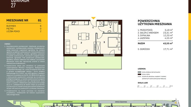 Rzut - Mieszkanie na sprzedaż 2 pokoje o powierzchni 43,55 m² - numer B.81 w Conrada 27