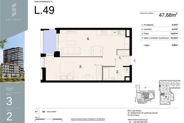 Rzut - Mieszkanie na sprzedaż 2 pokoje o powierzchni 47,68 m² - numer L49 w Sky Trust etap II - apartamenty inwestycyjne 23% VAT PRS