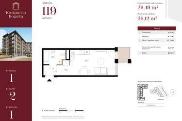 Rzut - Mieszkanie na sprzedaż 1 pokój o powierzchni 26,49 m² - numer 1.M119 w Krakowska Rogatka