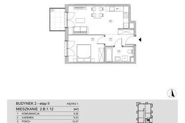 Rzut - Mieszkanie na sprzedaż 2 pokoje o powierzchni 44,58 m² - numer 2.B.1.12 w ATAL Apollina II