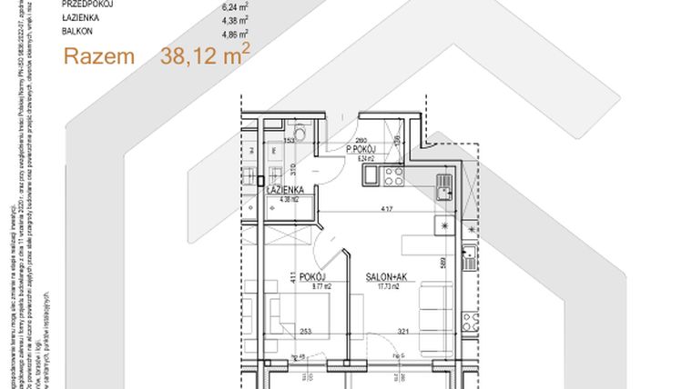 Rzut - Mieszkanie na sprzedaż 2 pokoje o powierzchni 38,12 m² - numer S.03.38 w Sobieskiego 29
